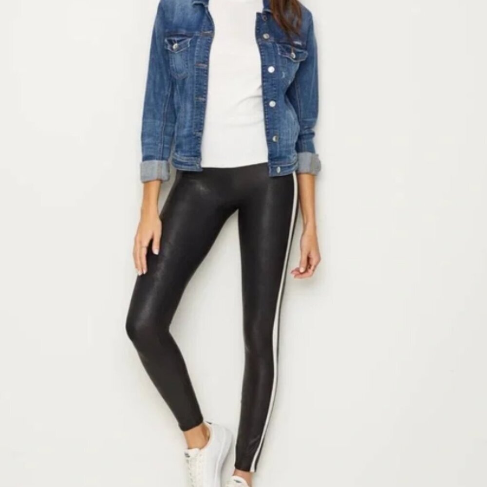 SPANX Faux Leather Black with White Stripe Leggings (Women's Small)